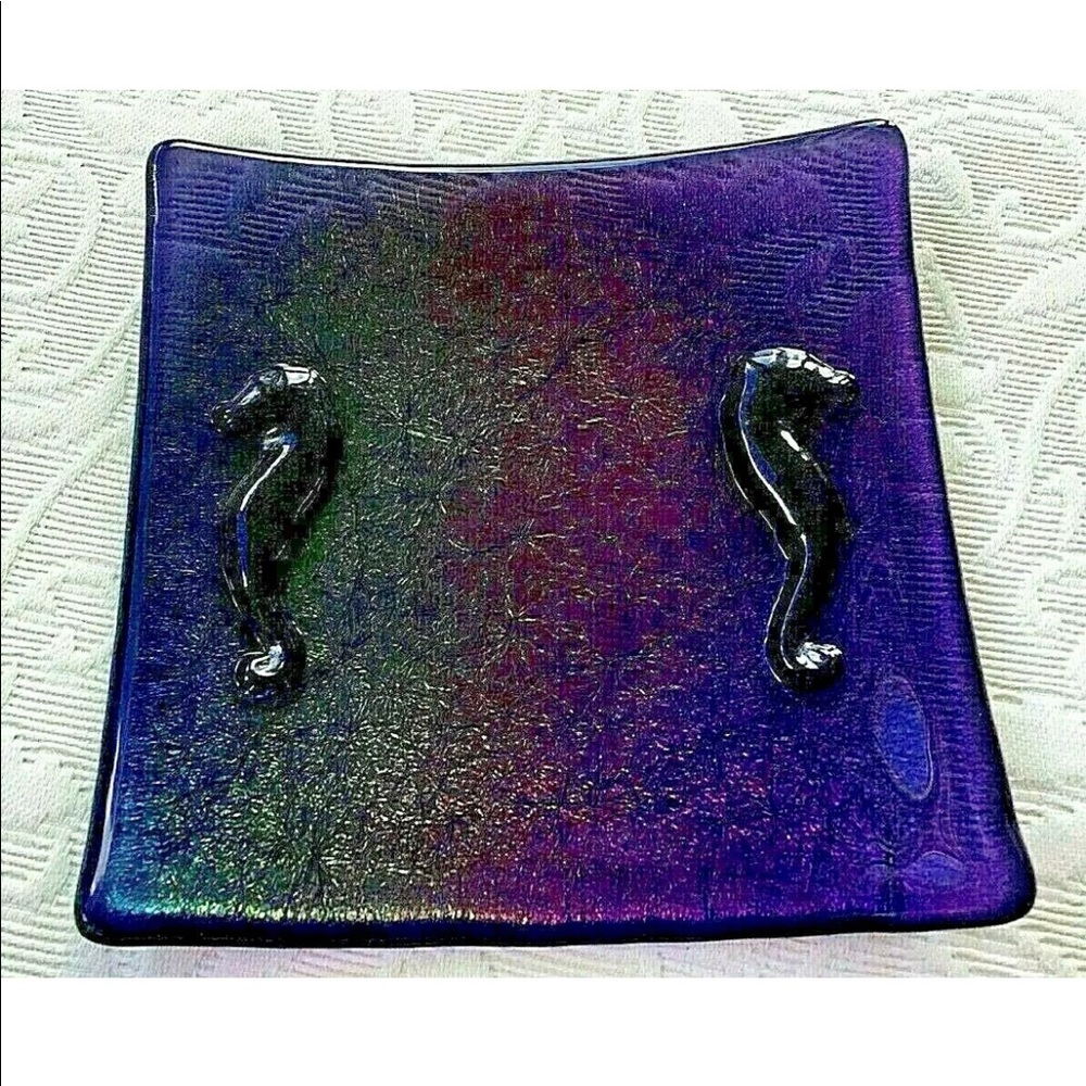 Stoddard Studio Fused Glass Square Iridescent Rainbow Dish w/ Seahorses 6x6 NEW